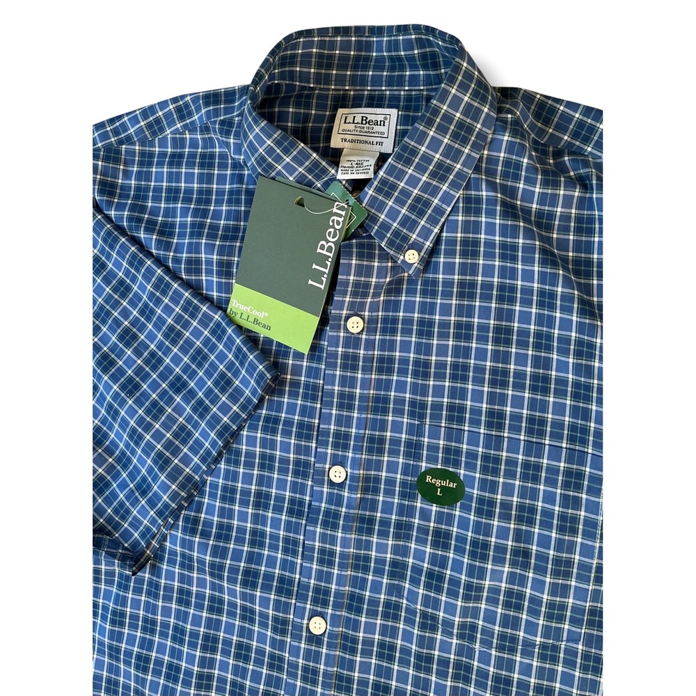 LL Bean TrueCool Wrinkle Free Plaid Short Sleeve Shirt Blue Green Mens Large NWT